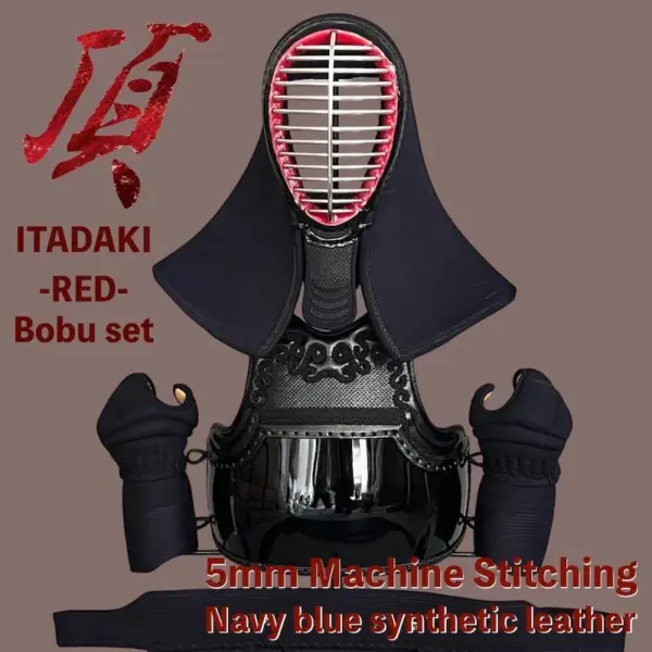 ITADAKI-RED Kendo Bogu Set 5mm Machine-Stitched Navy Synthetic Leather Standard Type